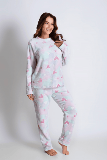 Pijama de Fleece Feminino de Inverno Peludinho Corações