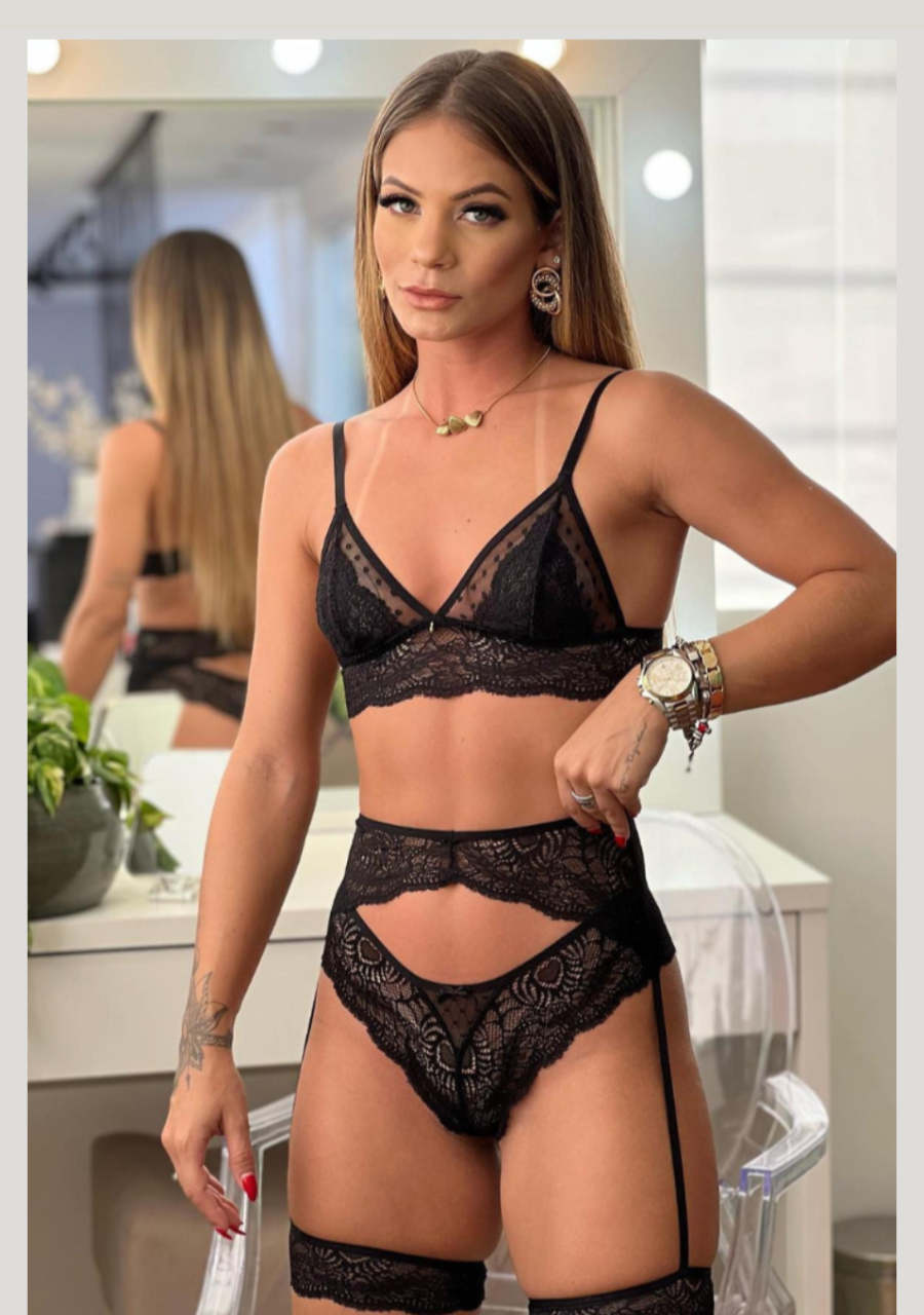 Conjunto de lingerie Cinta Liga Renda e Tule Poá sem Bojo