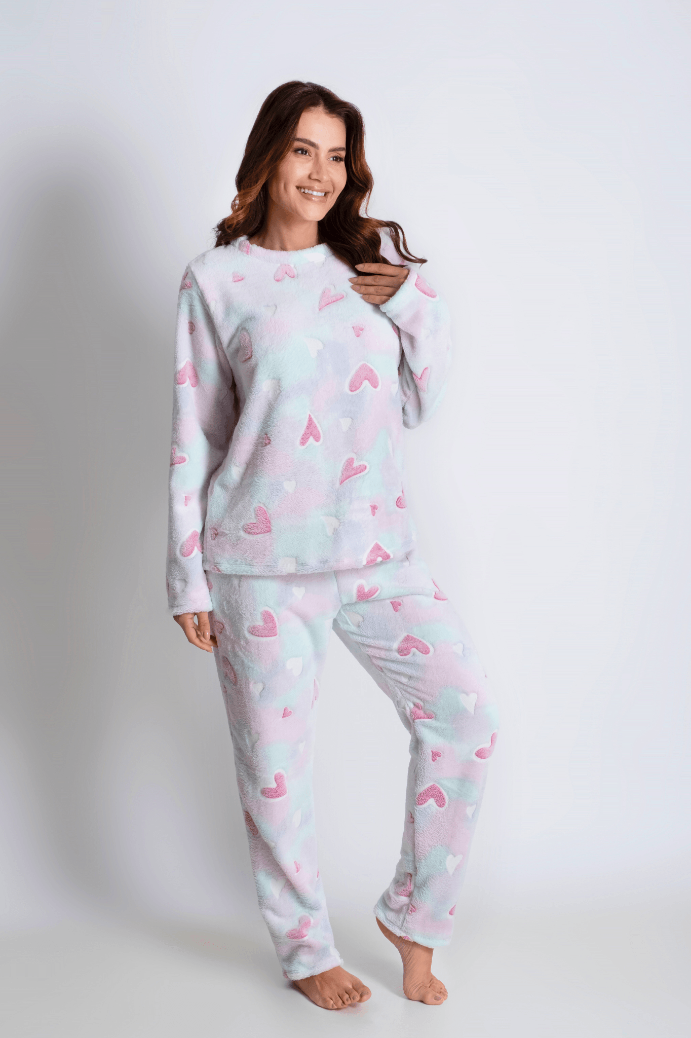 Pijama de Fleece Feminino de Inverno Peludinho Corações