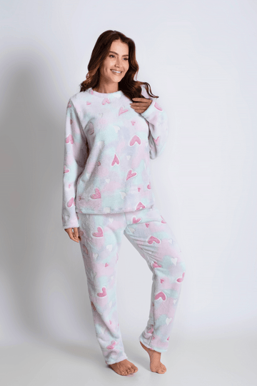 Pijama de Fleece Feminino de Inverno Peludinho Corações