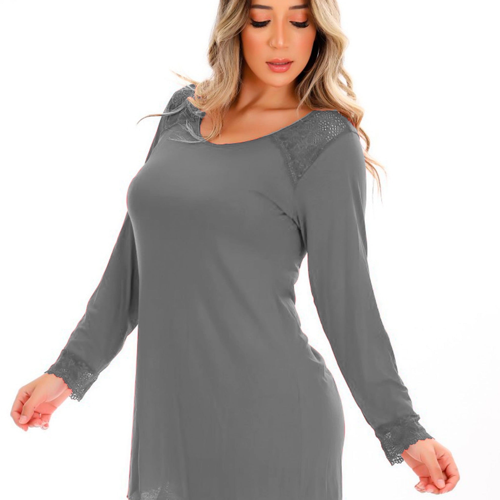 Long Sleeve Viscose Nightdress with Gray Lace Details