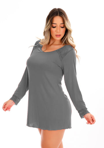 Long Sleeve Viscose Nightdress with Gray Lace Details