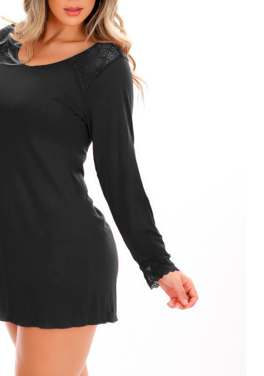 Camisola Manga Longa Viscose Detalhes em Renda - Preto - Rosativa