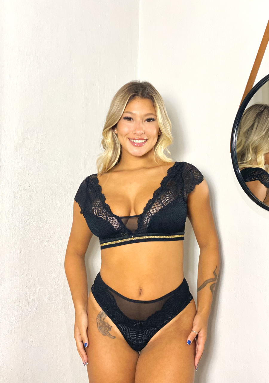 Conjunto de Lingerie Top sem Bojo em Microfibra e Renda - Preto - Rosativa