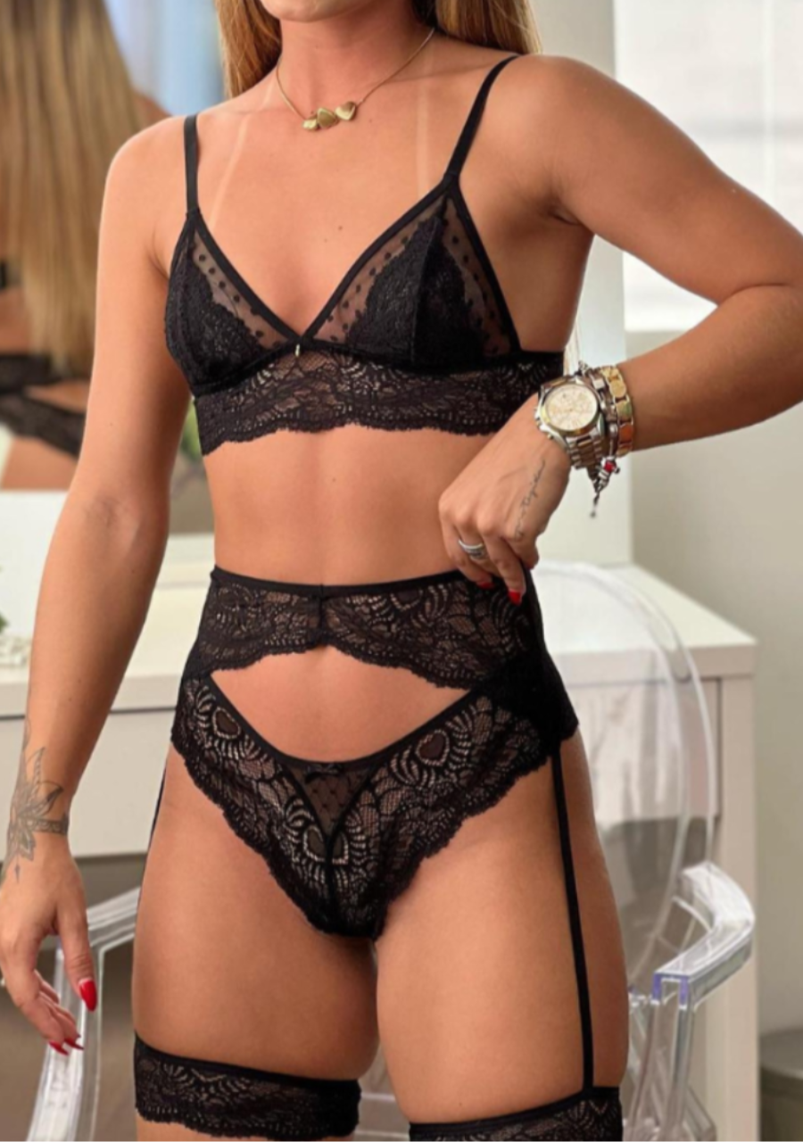 Conjunto de lingerie Cinta Liga Renda e Tule Poá sem Bojo - Preto - Rosativa